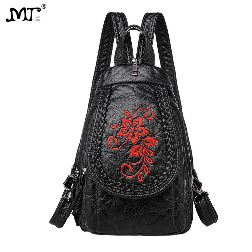 Women PU Leather Backpacks Small Travel Bag Female Soft Bagpack Ladies Embroidery Backpack y260615