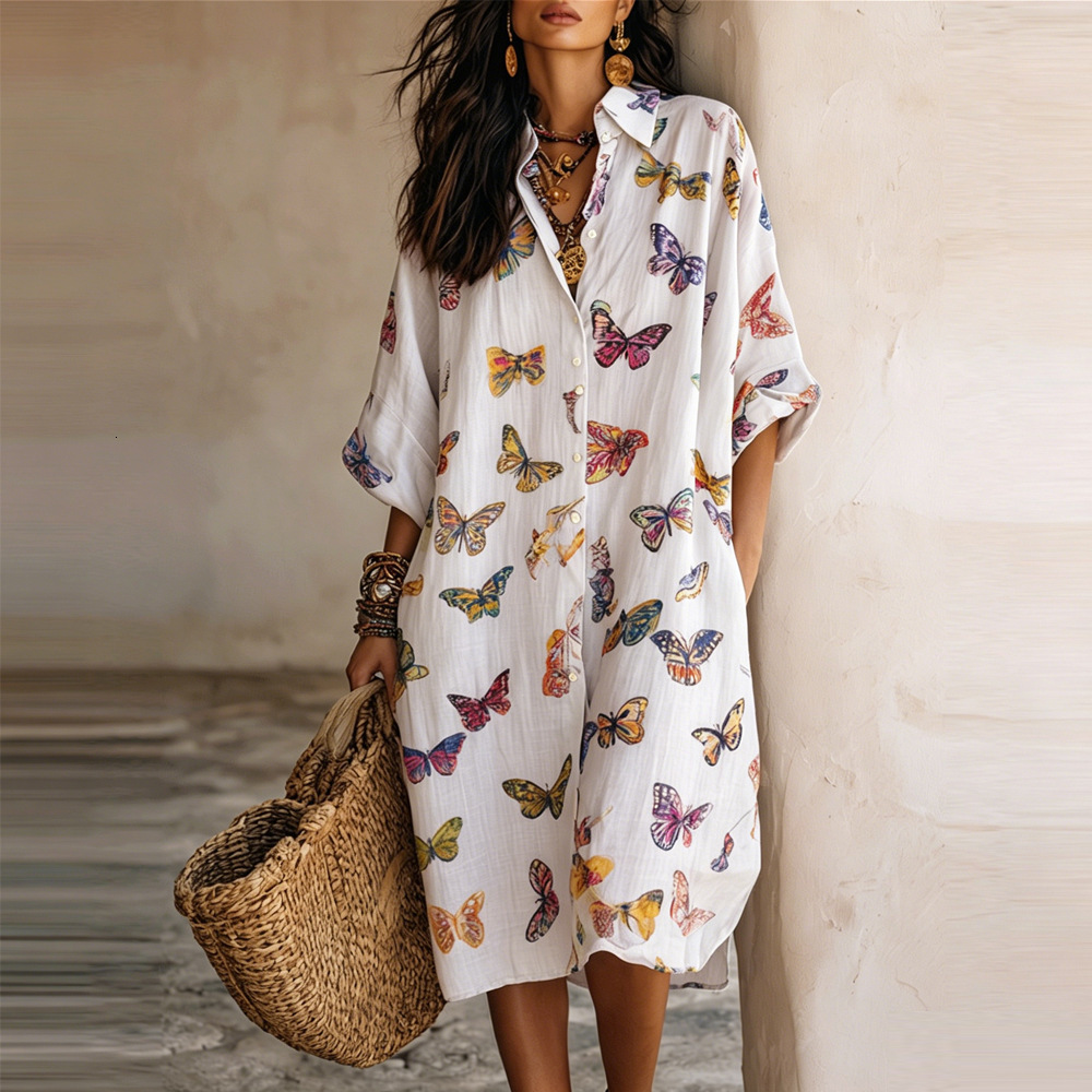 Women's Butterfly Print Dress, Lolita-Style Knee-Length Pencil Dress with V-Neck, Three-Quarter Lantern Sleeves, Dropped Waist and Split Detail, Butte - view 3
