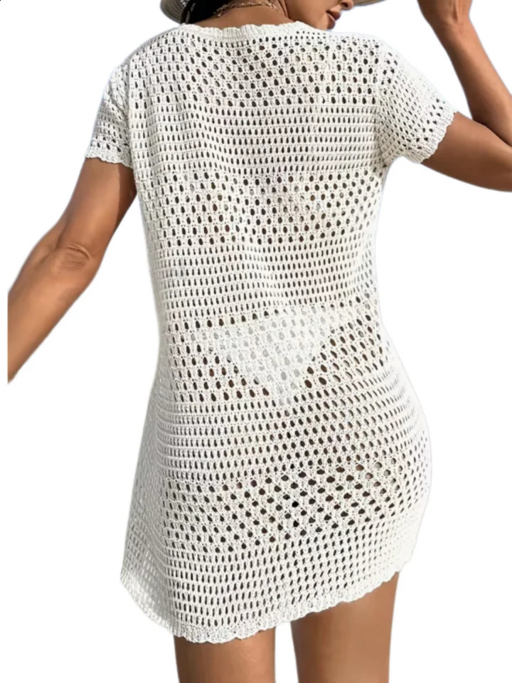 2026 European and American PlusSize Womens Spring Summer Vacation Style Beach Shirt CoverUp Sexy HollowOut Pullover Knit Dress for Women 260625 - view 5