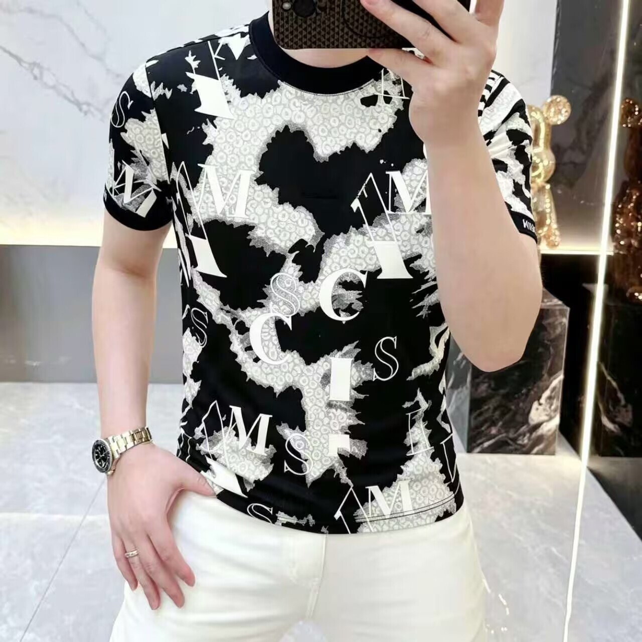 European Summer Men's New Ice Silk Round Neck Jacquard Fashion Trend Slim Fit Breathable Comfortable Short Sleeve Shirt For Men - view 4