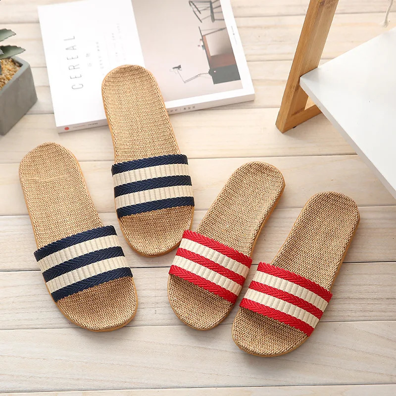 Summer Couples Linen Slippers - Striped Fashion Non-Slip Comfort Indoor EVA Floor Breathable Sandals 260624 - view 6