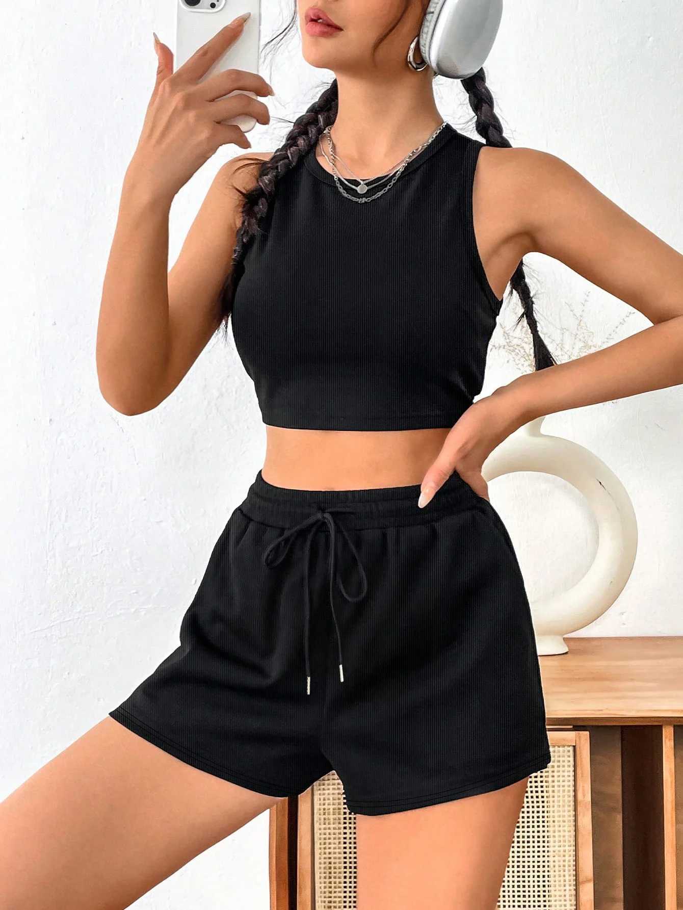 Casual Shorts for Women Fashion Ribbed Fabric Drawstring Adjustable Waist Lightweight Soft Daily Outdoor Sports Vacation Shorts M260626 - view 4