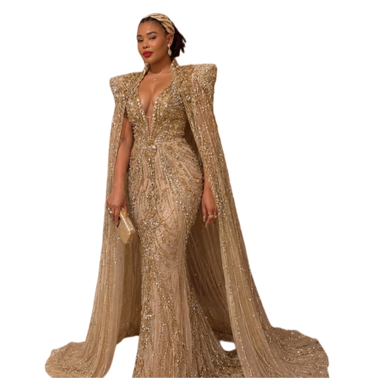 Aso Ebi Gold Mermaid Prom Dress 2026 Evening Dress Beaded Crystals With A Cloak Sequined Birthday Formal Women Pageant Party Gowns Long Dinner Dresses - view 4