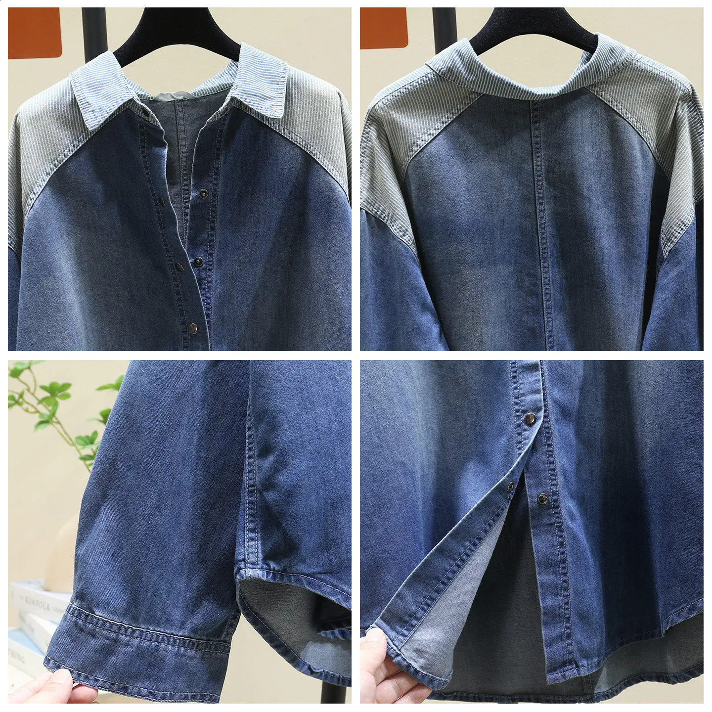 SuperAen Mid-length Vintage Striped Patchwork Denim Blue Shirt for Women 2026 Spring n Loose Shirt Tops 260626 - view 5