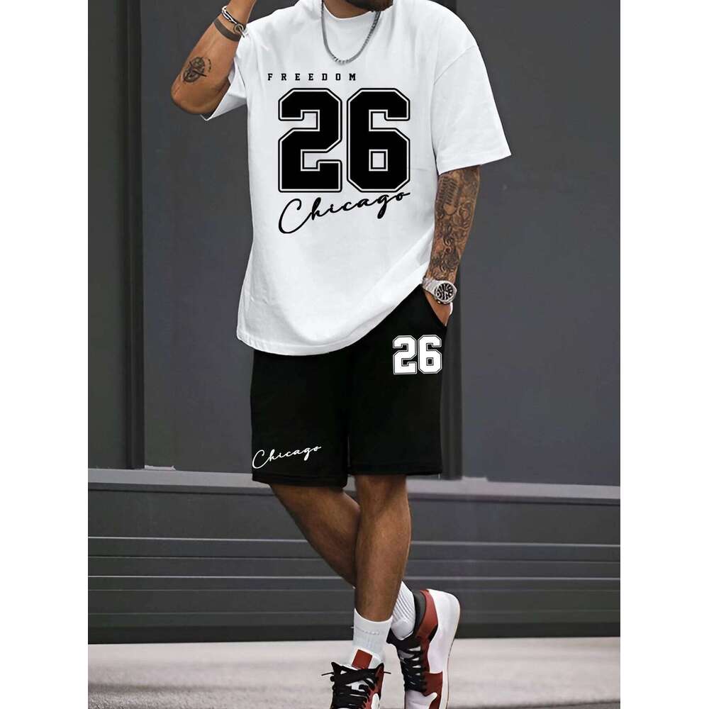 Short-sleeved summer men's suit simple fitted T-shirt letter print with the same printed shorts two-piece set 26Y0626
