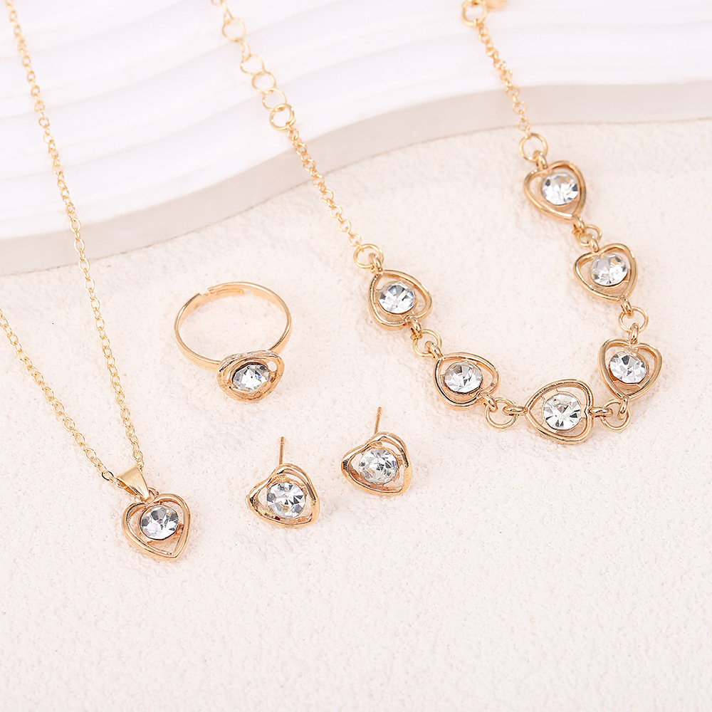 18K Gold Plated Hollow Heart Zircon 4Pcs Jewelry Set Women Necklace Stud Earrings Bracelet Open Ring