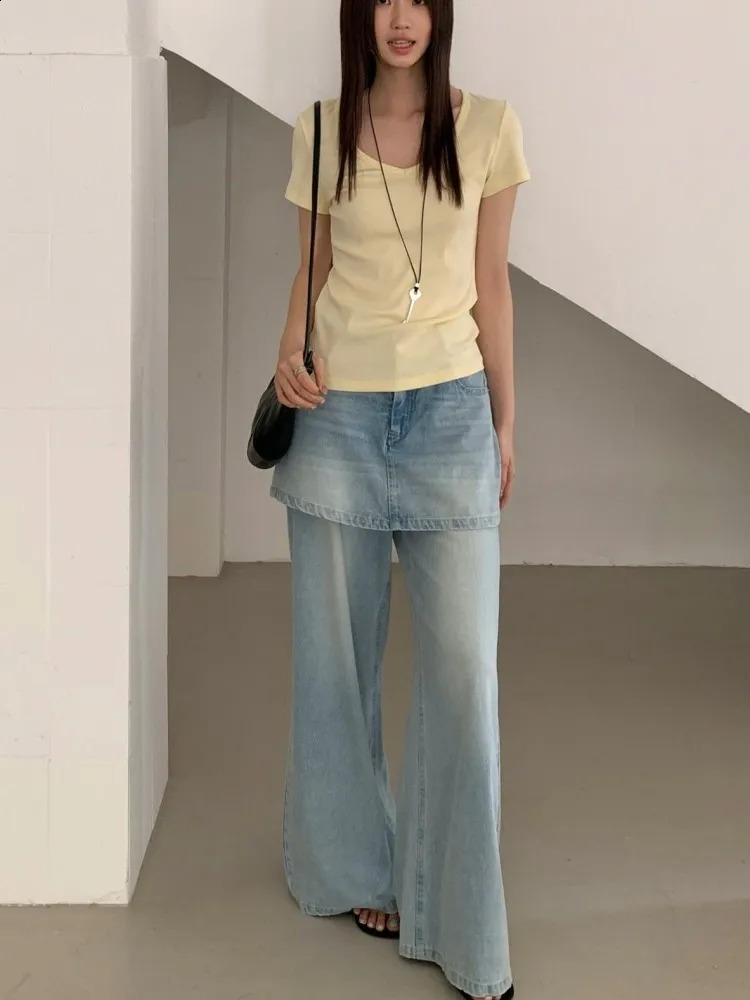 Korean Style Women Loose Twopiece Spliced Jeans Retro Straight Full Length Denim Pant High Waisted Casual Long Trousers 260625 - view 5