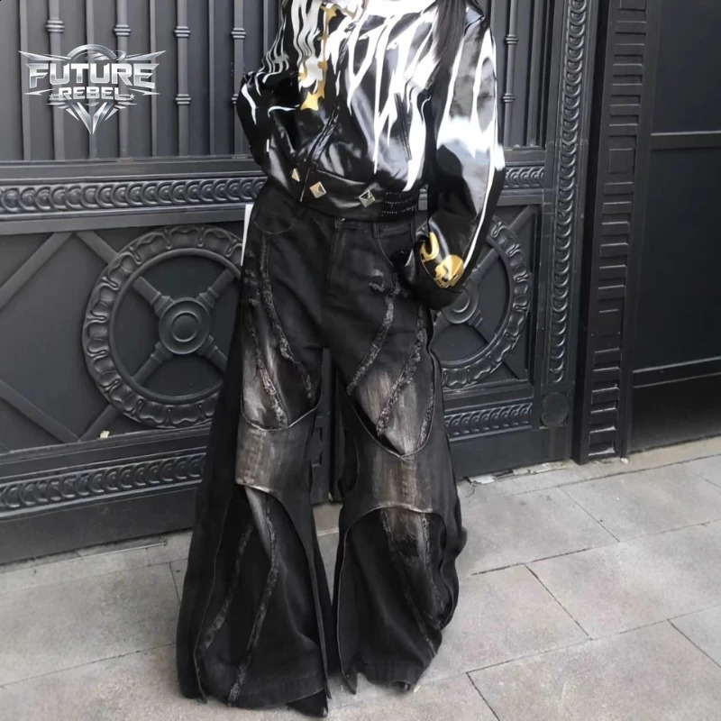 Y2K Heavy Duty Patchwork Distressed Denim Jeans Unisex Gothic Loose Flared Bell Vintage Hip Hop Washed Wide Leg Trendy Harajuku 260625 - view 4