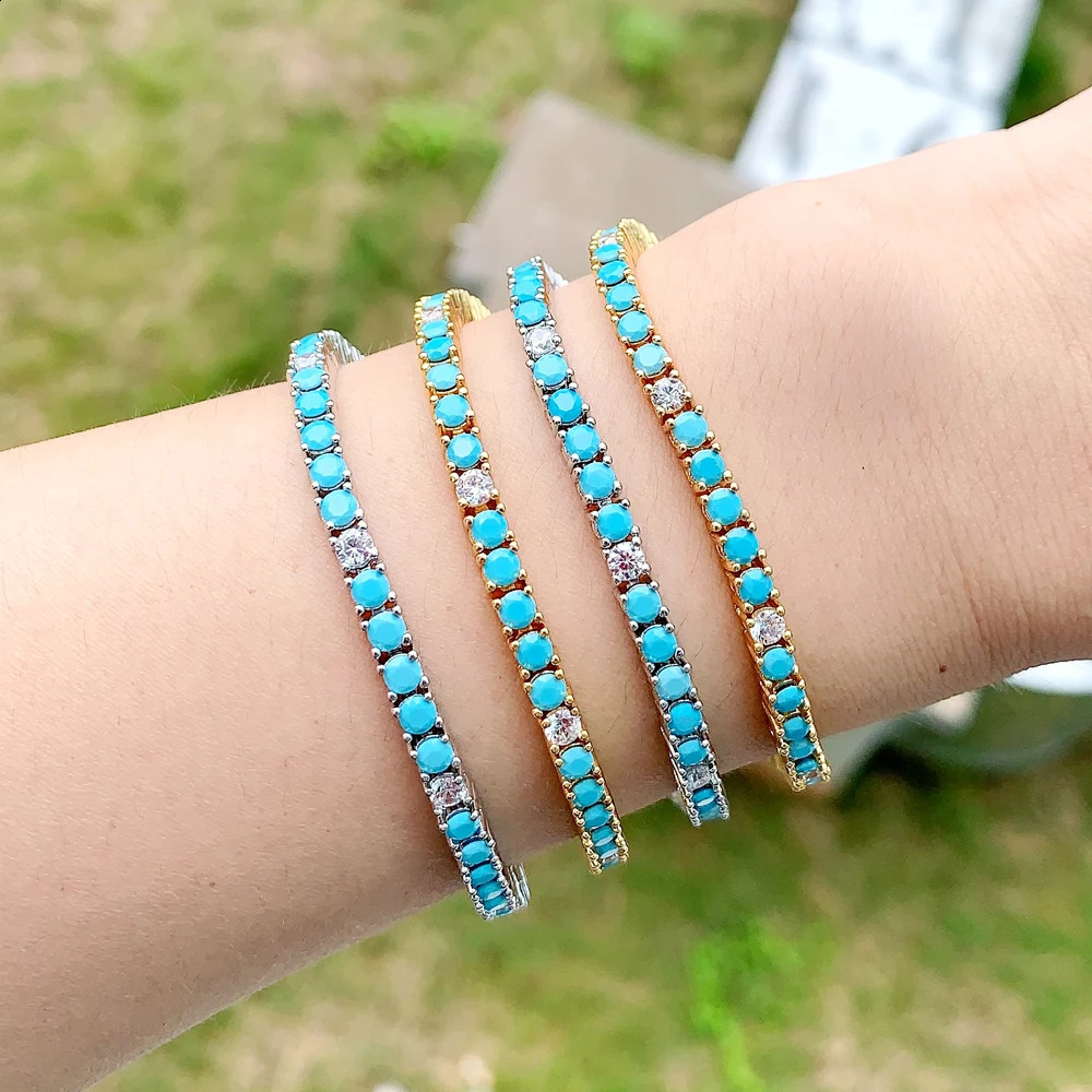 2025 Arrive 3mm Turquoises Bracelet Women Clear Cz Paved Beaded Tennis Chain Bracelet Handmade Jewelry 260626 - view 6