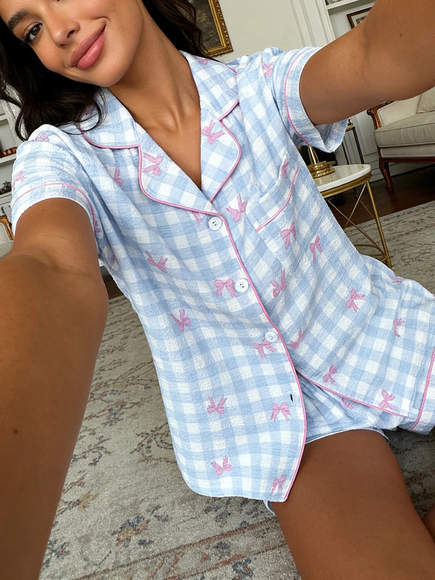 Cardigan Lapel Women Pajamas Short Sleeve Shorts Two Piece Set Loungewear Spring Summer Sweet Blue Plaid Pink Bow Print Loose Co 260625 - view 5