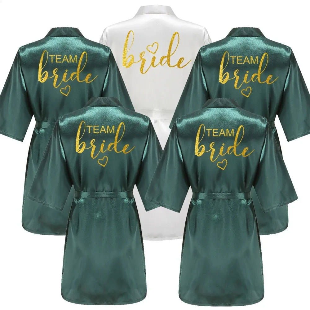 Wedding Party Team Bride Robe Kimono Satin Pajamas Bridesmaid Bathrobe Gold Letter SP093260622