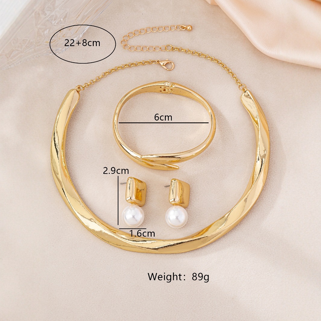 18K Gold Plated Twisted Wave Jewelry Set Ins Light Luxury Women Choker Necklace Open Bangle Bracelet Pearl Earrings - view 4
