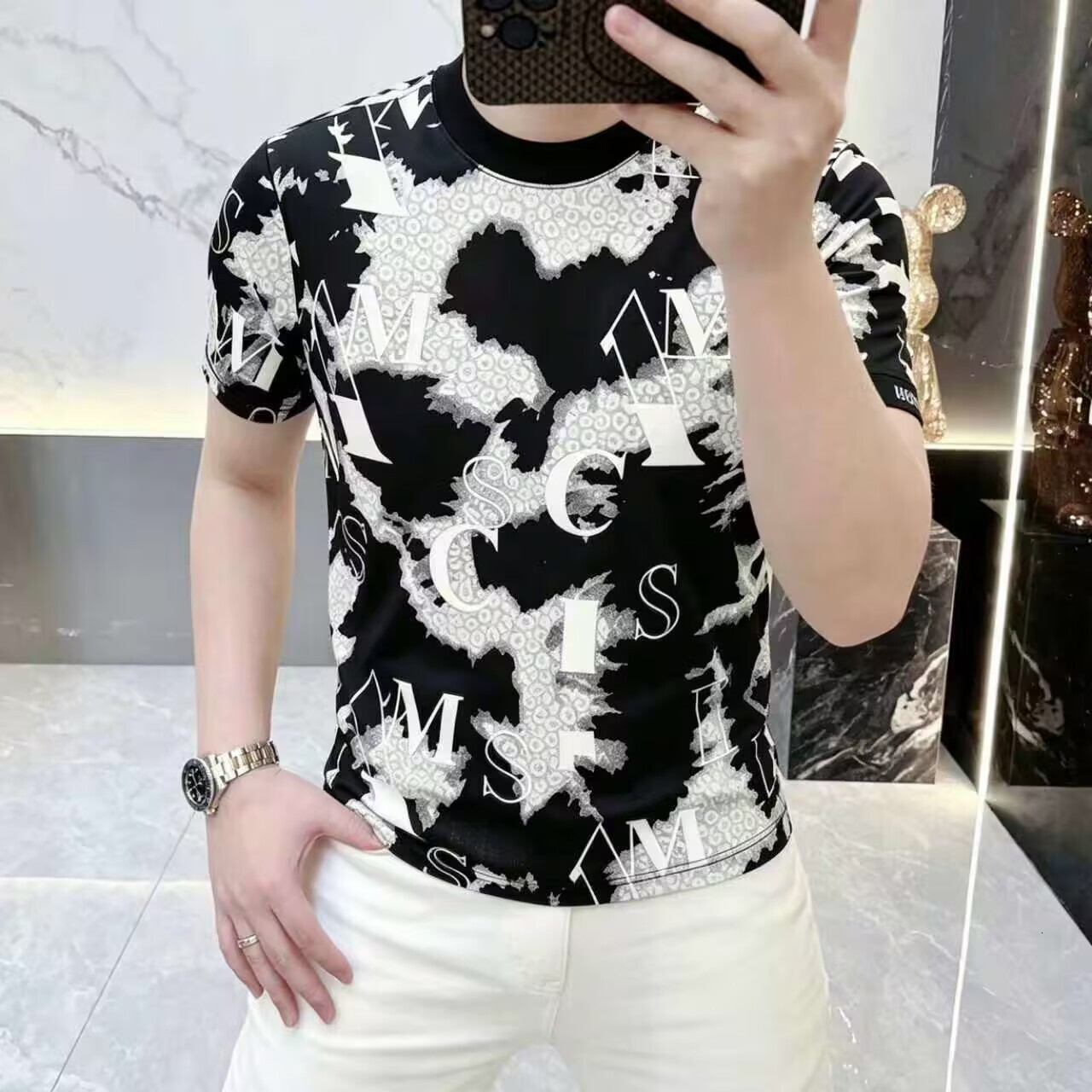 European Summer Men's New Ice Silk Round Neck Jacquard Fashion Trend Slim Fit Breathable Comfortable Short Sleeve Shirt For Men - view 3