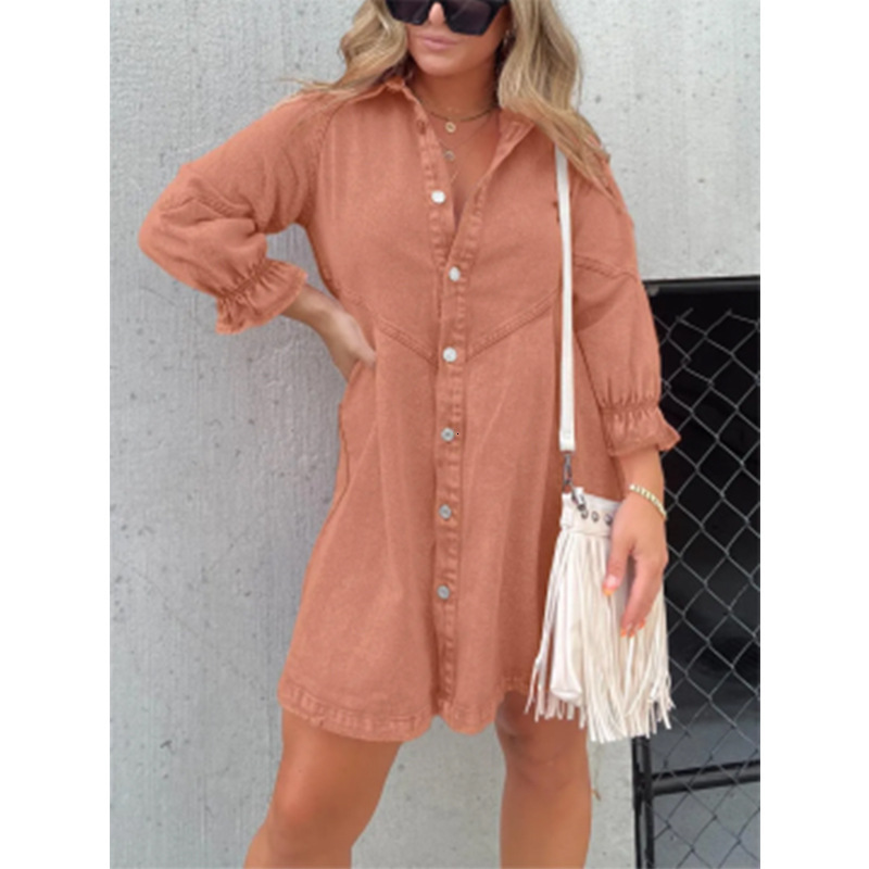 2023 New Hot-Selling Washed Shirt Denim Skirt Lantern Sleeve Loose Dress for Women - view 9