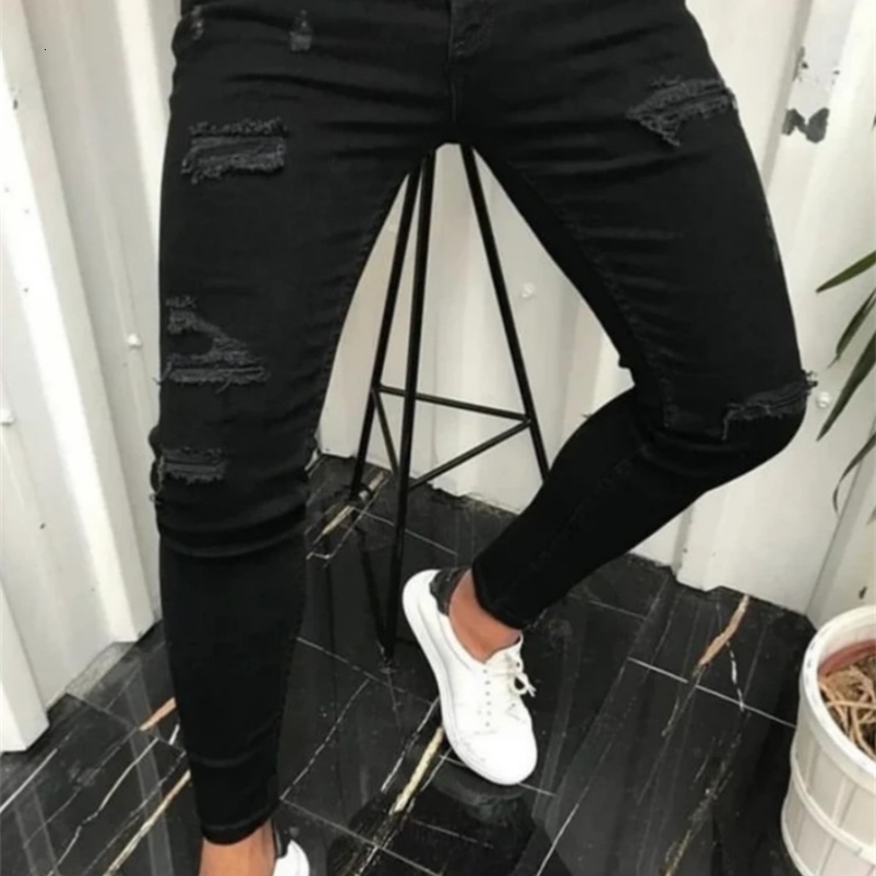 Skinny Fashion Mens Ripped Jeans Slim Breathable Soft Washed Streetwear Trousers Male Spring Autumn Elastic Hole Denim Pants 260618CJ
