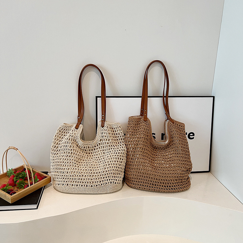 Vintage Handmade Straw Woven Tote Bag For Women, Artistic Cotton Thread Casual Beach Vacation Shoulder Handbag - view 3