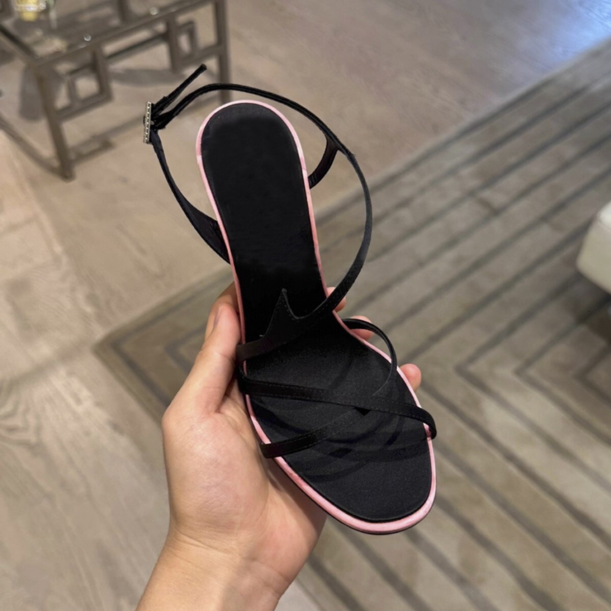 Women 2026 Black Stiletto High Heeled Shoes New Summer Model Open Toe One Strap Satin Color Blocking Elegant And Versatile Women S Sandals - view 4