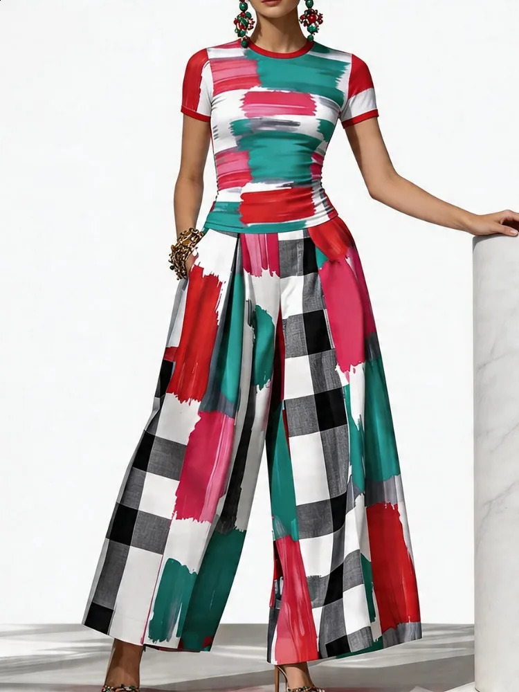 UOOZEE 2026 Fashion Contrast Color Plaid Matching Pants Women High Waisted Wide Leg Loose Casual Pleated Palazzo Trousers 260625 - view 6