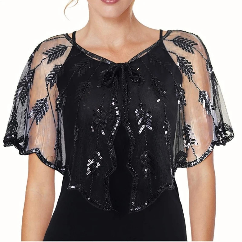 Retro 1920s Beaded Sequin Shawl Vintage Flapper Evening Cape Sheer Mesh Embroidery Leaf Women Bolero Party Accessories 260625 - view 3
