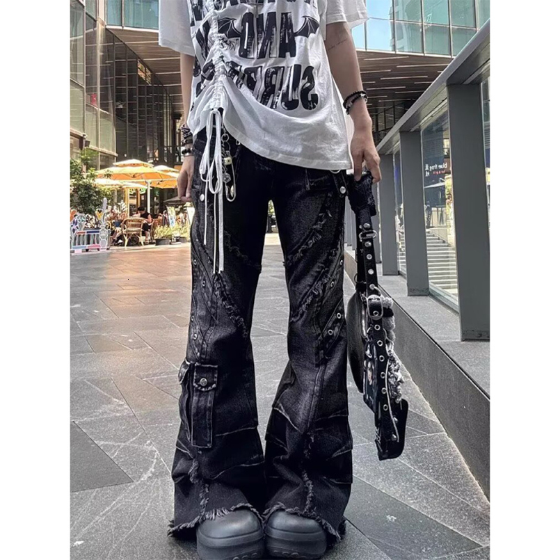 Womens Y2k Baggy Flare Jeans Harajuku Japanese 2000s Style Patchwork Denim Trouser Vintage Oversize Cargo Pants Clothes 260625