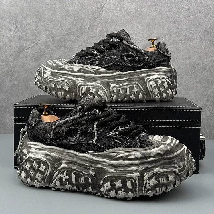 Vintage Frayed Denim Platform Sneakers Distressed Thick Sole Casual Shoes Rugged Tire Sole Lace Up Streetwear Fashion Trainers - view 4