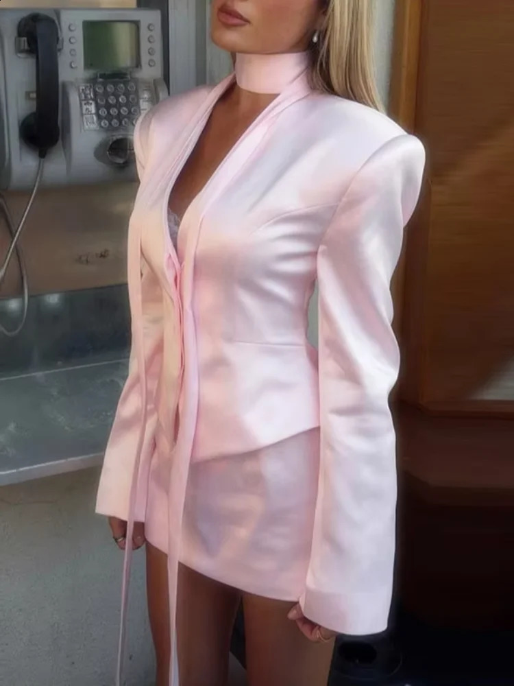 Women Skirt Set VNeck Necktie Detail Cropped Satin Blazer Solid Mini Elegant Formal Party Office Outfit Two Piece Suits 260625 - view 5
