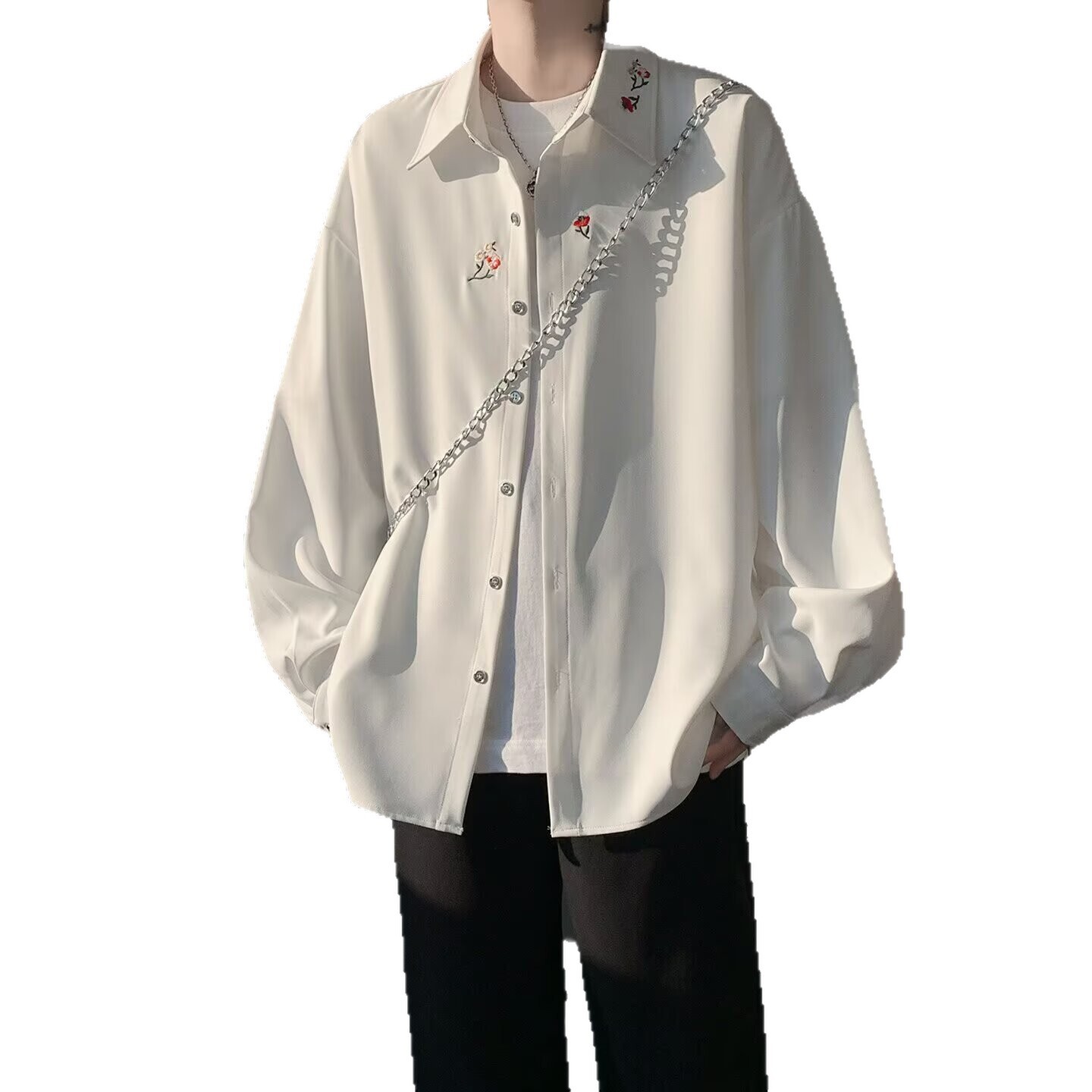New Chinese-Style Men's White Embroidered Shirt, High-End Stylish, Suitable For Spring, Summer, And Autumn, Long-Sleeved Shirt With A Turn-Down C - view 6
