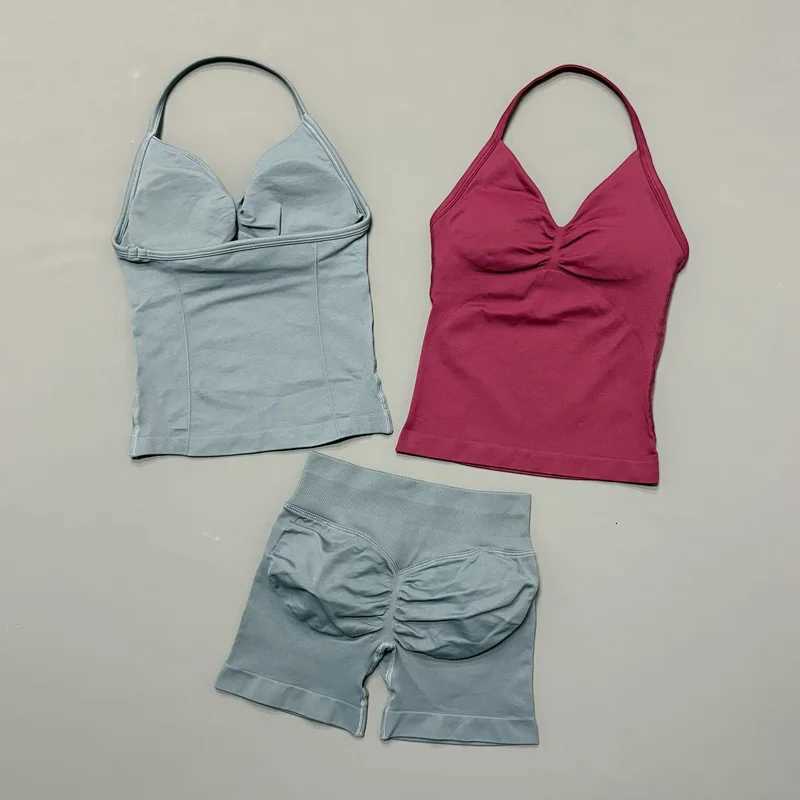 HISTELLO Yoga Set Women 2Pcs Halter Tank Top Scrunch Butt Lifting Shorts Ruched Anti Chafe Quick Dry Gym Workout Sports Set M260626 - view 3