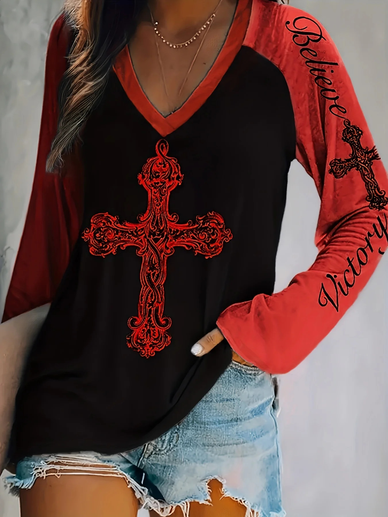 Plus Size Womens V-Neck Long Sleeve Cross Print T-Shirt Casual Loose Fit Top for Everyday Wear 260626