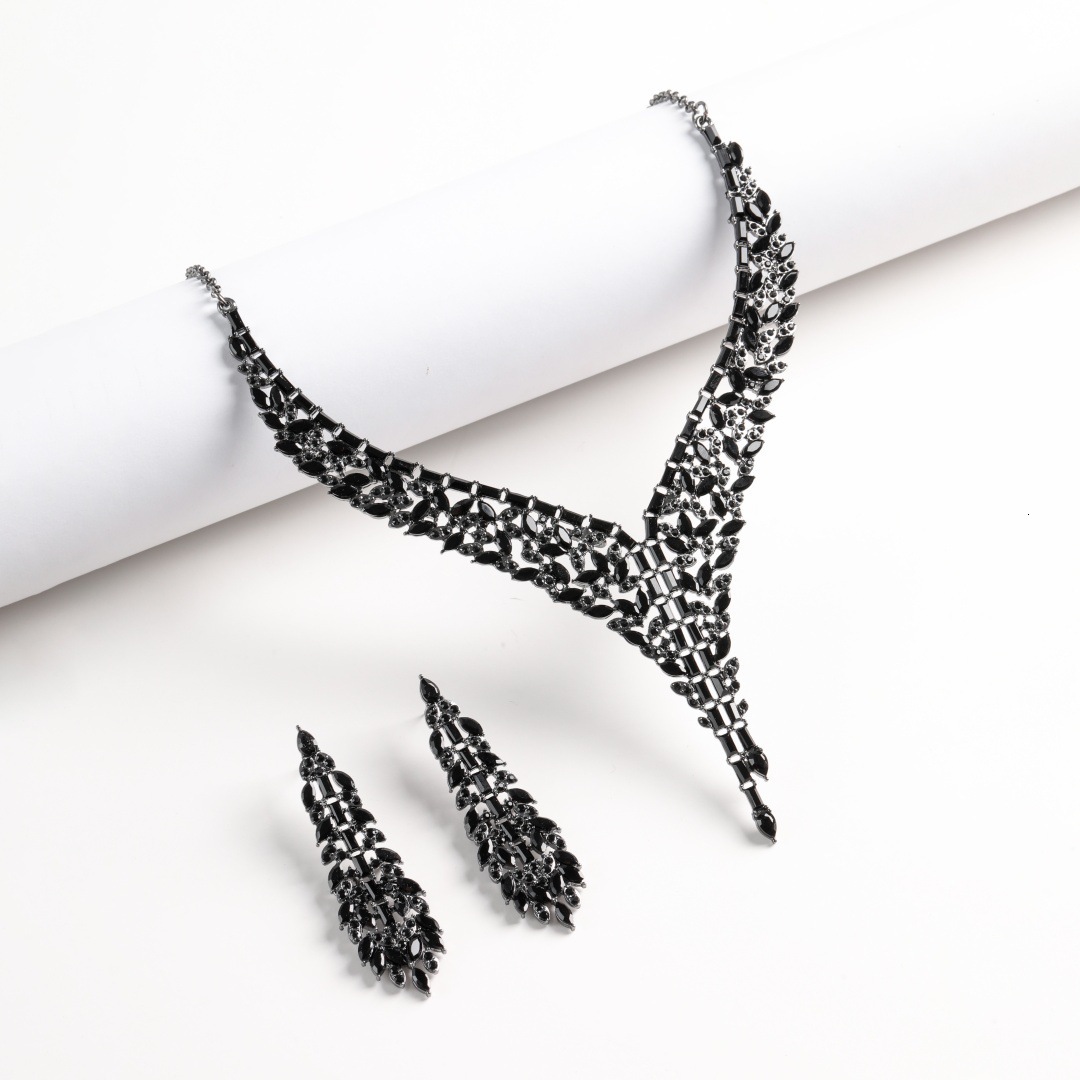 18K Gold Plated Full Zircon 2Pcs Jewelry Set V Tassel Bib Necklace Water Drop Long Dangle Earrings For Women - view 5