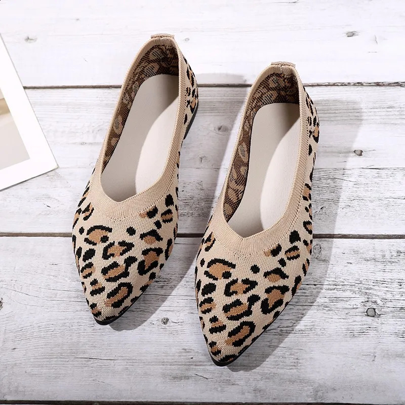 Elegant Houndstooth Knitted Ballet Flats Woman Point Toe Mesh Moccasins Ladies Big Size Leopard Loafers Soft Driving Shoes 260626