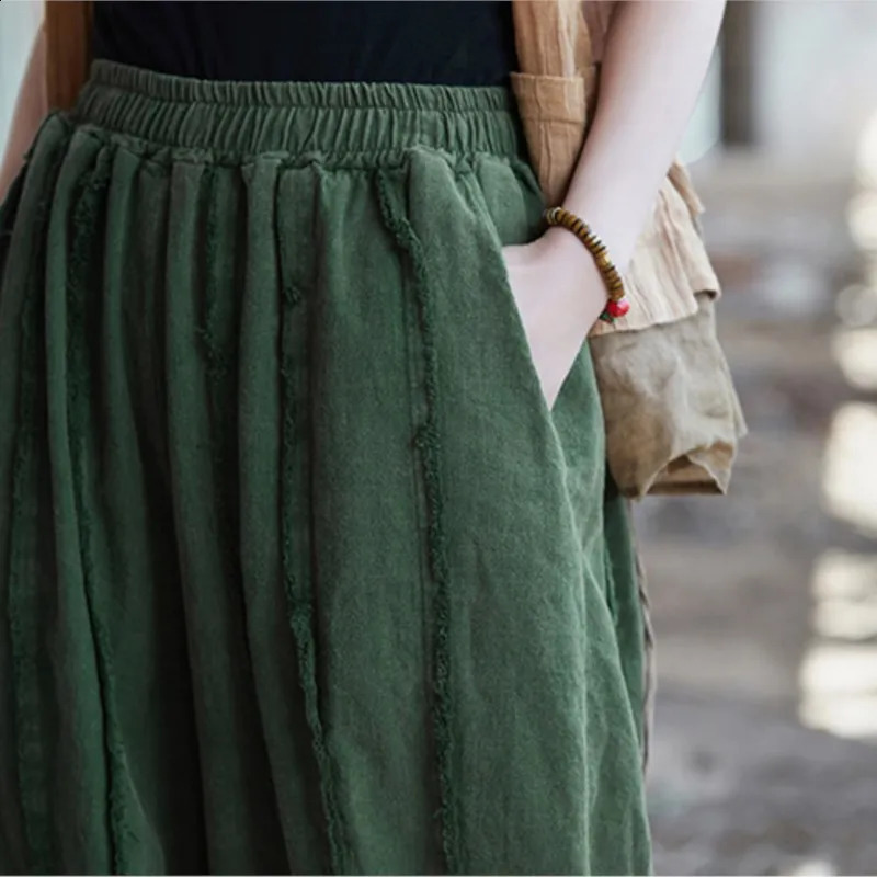 Johnature Women Vintage Cotton Linen Wide Leg Pants Elastic Waist Patchwork Pockets Spring Solid Color Long 260625 - view 7