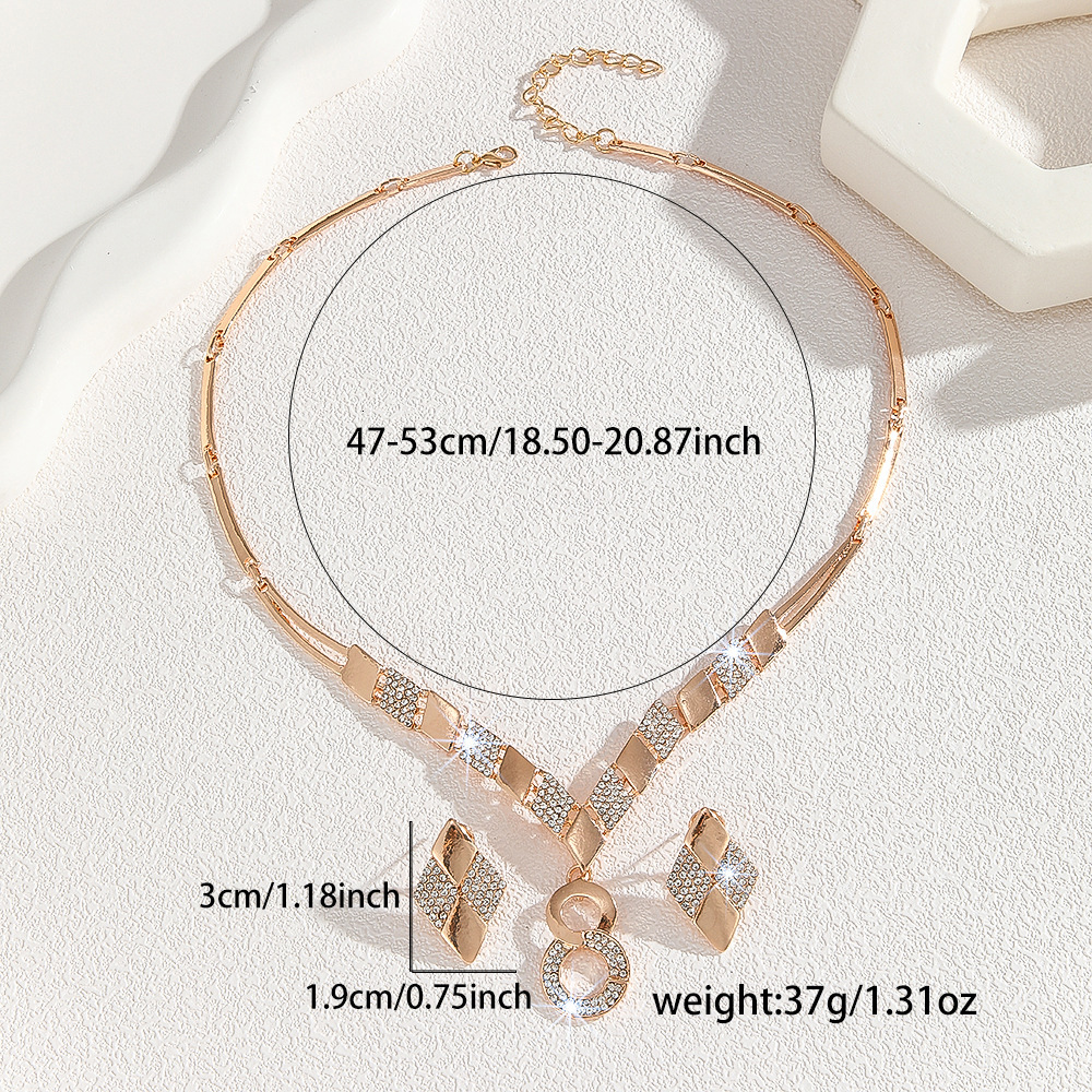 Gold Plated Geometric Square Rhinestone Jewelry Set Double Circle Figure 8 Pendant Bib Necklace Drop Earrings Women Evening Party Statement Costume Ac - view 4