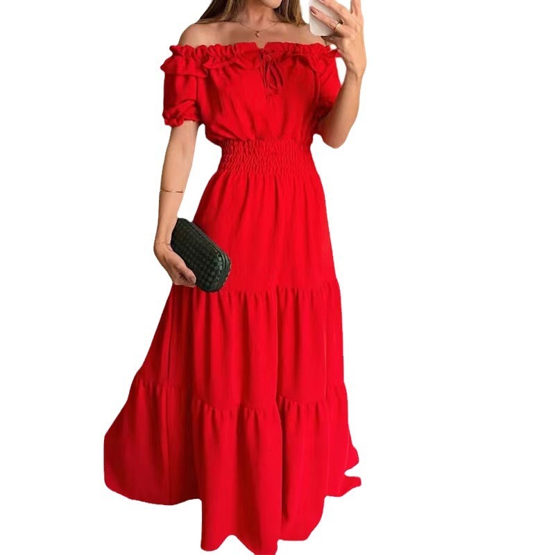 2026 New Fashion Solid Color Lotus Lace-Up Ruffle Trim Strapless Puff Sleeve Flared Dress - view 6