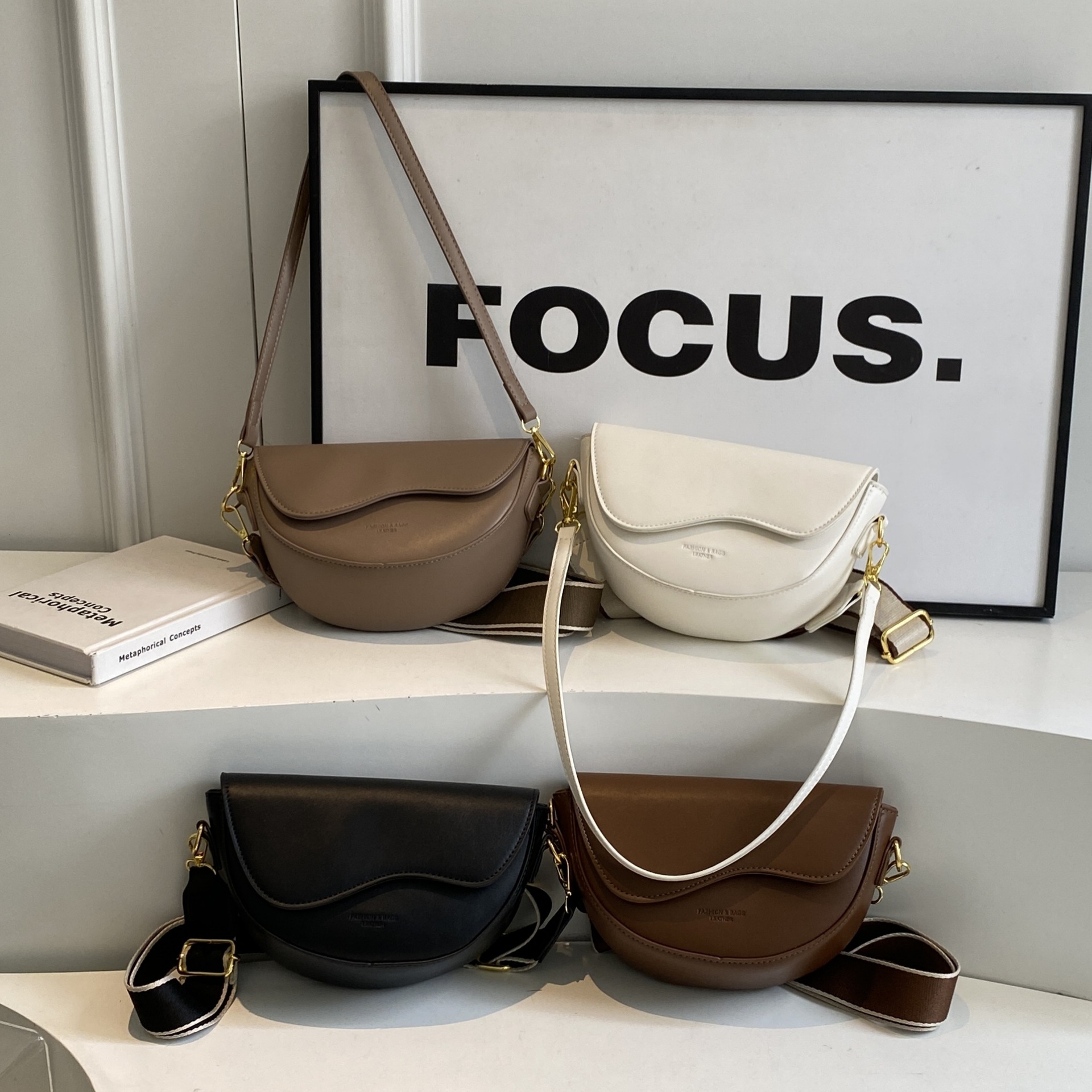 Ladies Solid White Saddle Crossbody Bag Wave Flap Wide Adjustable Strap Fashion Small Shoulder Messenger Purse - view 5