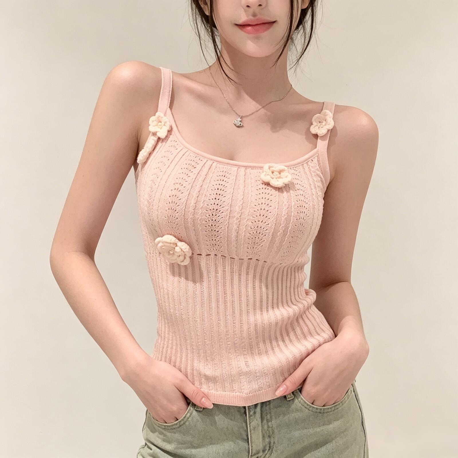 Womens Knit Camisole Top Womens 3D Floral Thin Strap Slim Fit Niche Layer Tank For Women Daily Summer Vacation Beach Casual Outfits - view 5