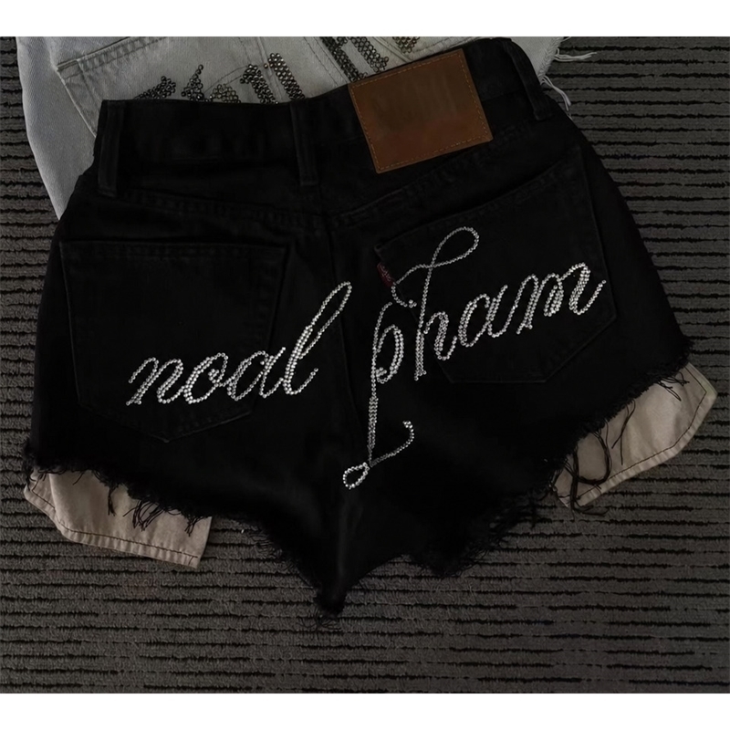 Black Rhinestone Distressed Denim Shorts Women Y2K Streetwear Vintage Frayed Oversized Cotton Casual Urban Fashion Summer Shorts 260616