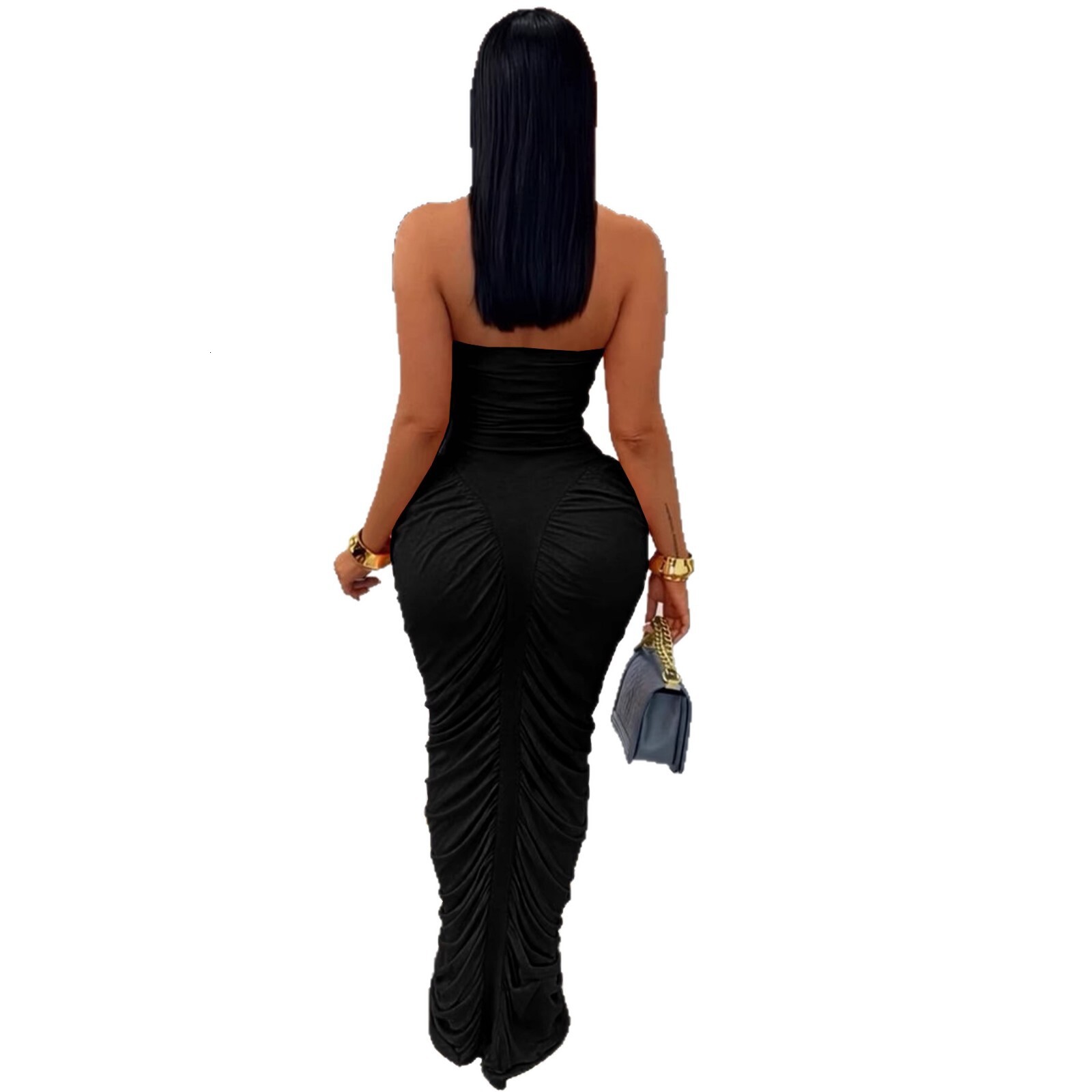 TW853 Womens Sexy Bodycon Long Dress with Wrap Chest and Pleated Design Solid Color Fashionable Casual Dress - view 6