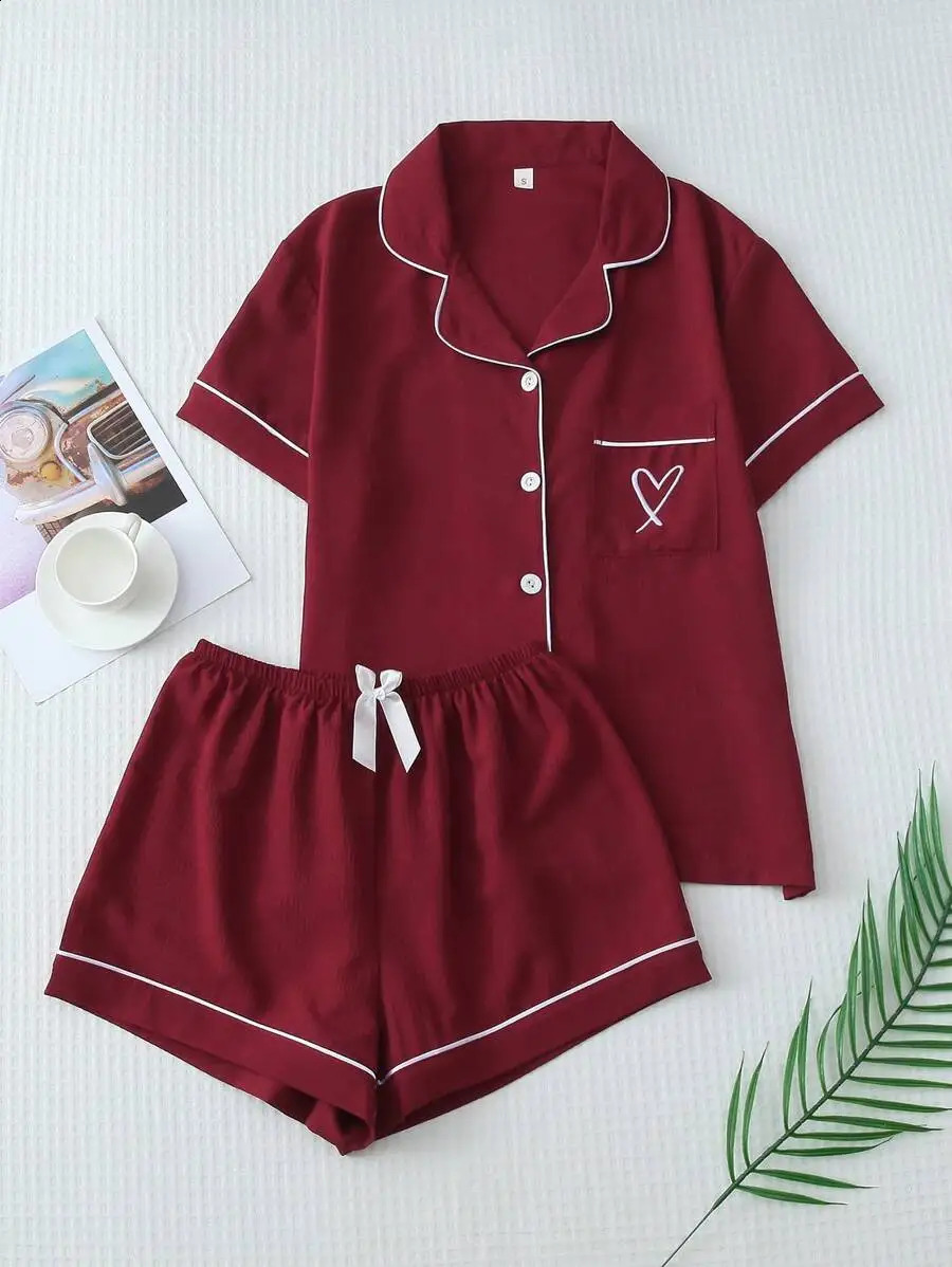 2pc Solid Color Summer Contrast Trim Collar Heart Embroidery Short Sleeve Pajama Set With Bowknot Shorts 260625 - view 6