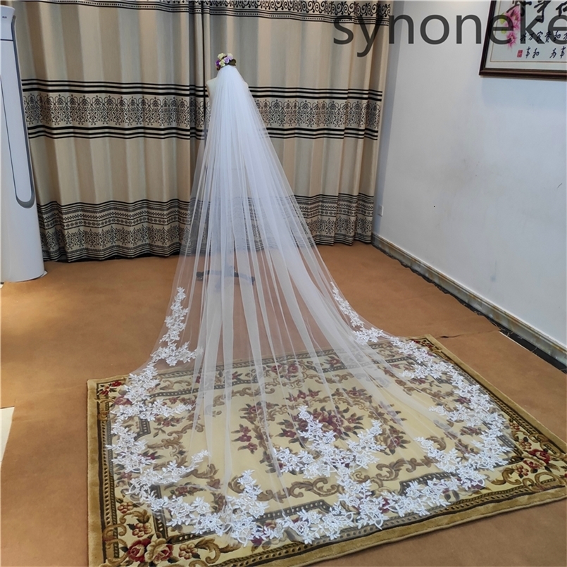 Po One Layer Bridal Veil with Comb White Lace Edge Ivory Appliqued Cathedral Wedding Veil for Brides 260617