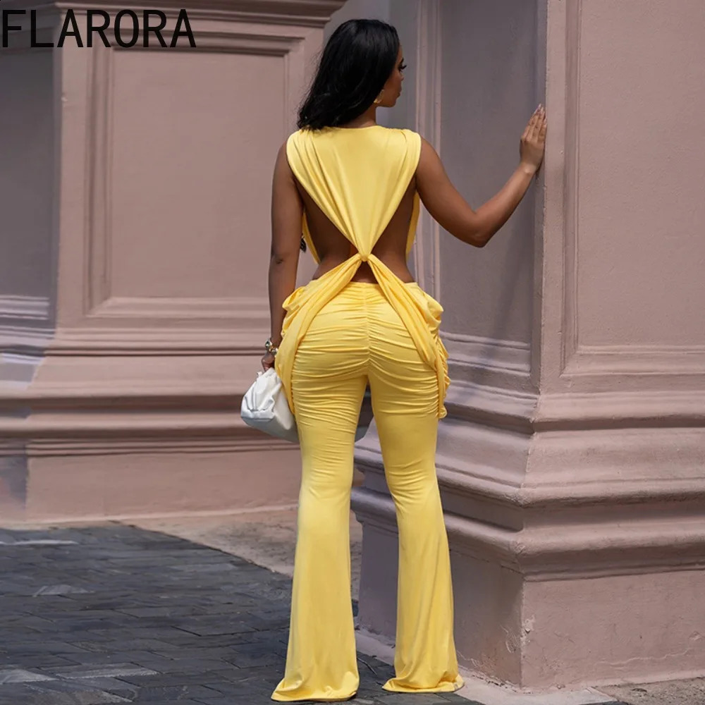 FLARORA Sexy Cross Knot Ruched Flare Jumpsuits Woman Chic Deep V Sleeveless Backless Peach Hip Skinny Playsuits Party Clubwear 260626 - view 5