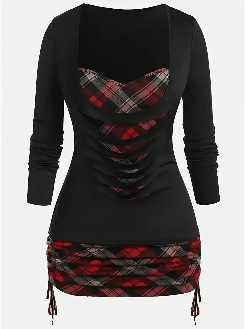 Plus Size Womens Plaid Printed Ripped Long Sleeve Top T-Shirt 260626 - view 4