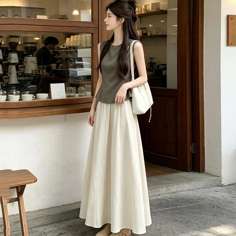 2026 Summer Gentle Flower Waist Cinching Vest Skirts Sets for Women Korean Loose Tshirt Dress Slim Fit and Slimming Tops 260625