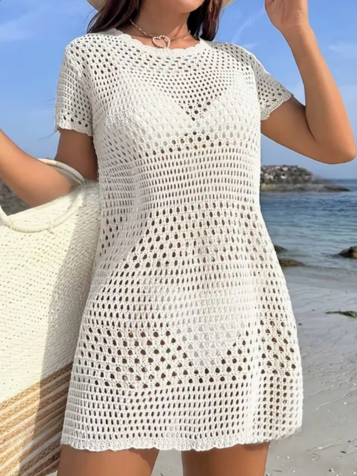 2026 European and American PlusSize Womens Spring Summer Vacation Style Beach Shirt CoverUp Sexy HollowOut Pullover Knit Dress for Women 260625 - view 4
