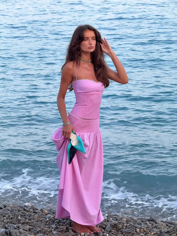Chic Striped Skirt Suits Women Sleeveless Slim Halter Tank Top Long 2Pieces Set 2026 Summer Vacation Beach Outfits Sets 260625 - view 5