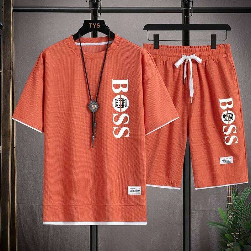 Fashionable printed T-shirt shorts set for men's sports, simple and comfortable summer waffle suit 26Y0626 - view 3