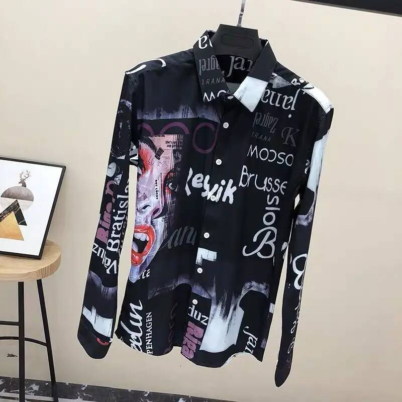 Men's Casual Shirts Polo Spring Autumn New Turn-Down Collar Fashion Long Sleeve Shirt Man High Street Casual Loose Button Cardigan Letter Printin - view 8