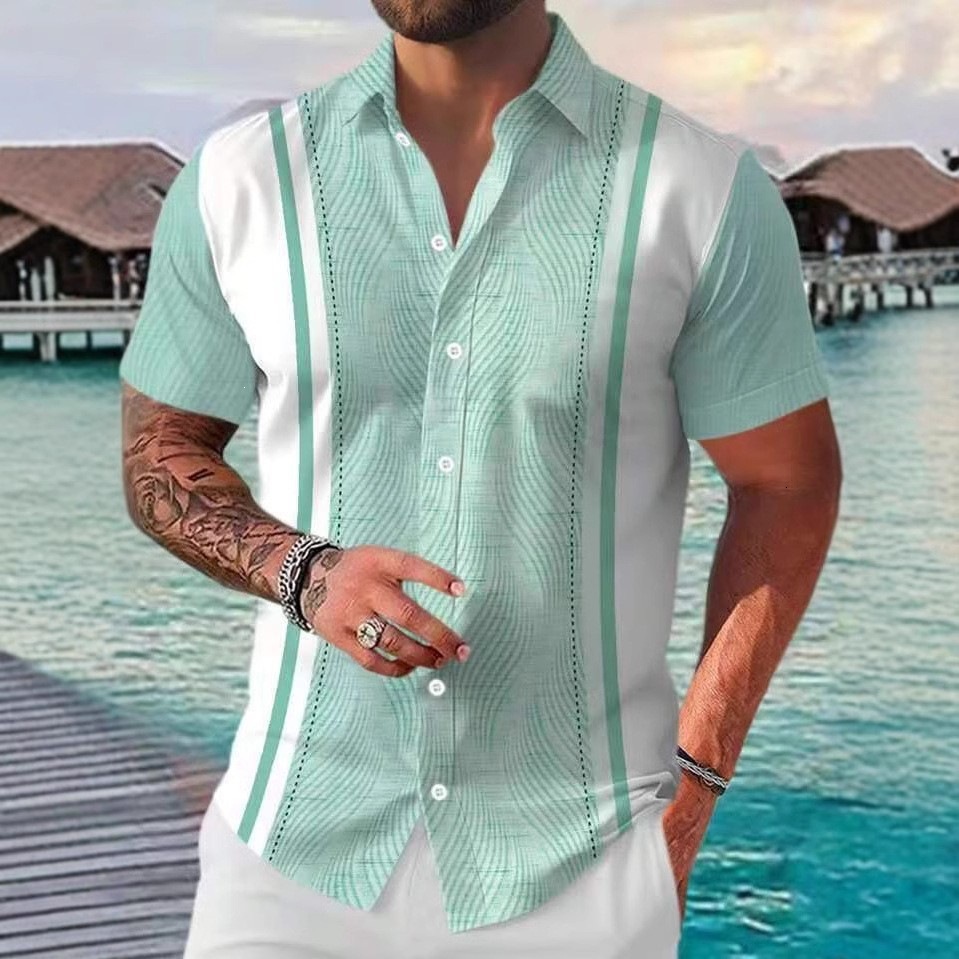 Mens Summer Thin Breathable Beach Striped Print Four-Way Stretch Short Sleeve Floral Shirt - view 3