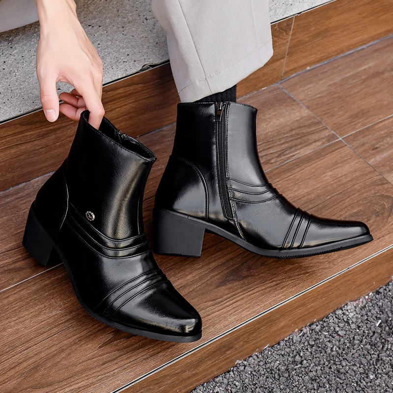 Men Pointed High Top Boots PU Solid Color Fashionable and Simple Business Banquet Men High Heeled Ankle Boots 260626 - view 7