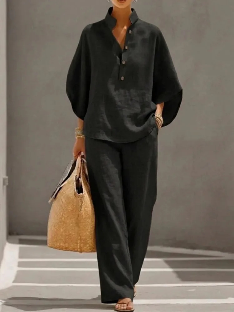 2026 Summer Fashion Womens Cotton and Hemp Two Piece Set Single Breasted Half Open Sleeved Top Pants Commuter 260626 - view 6
